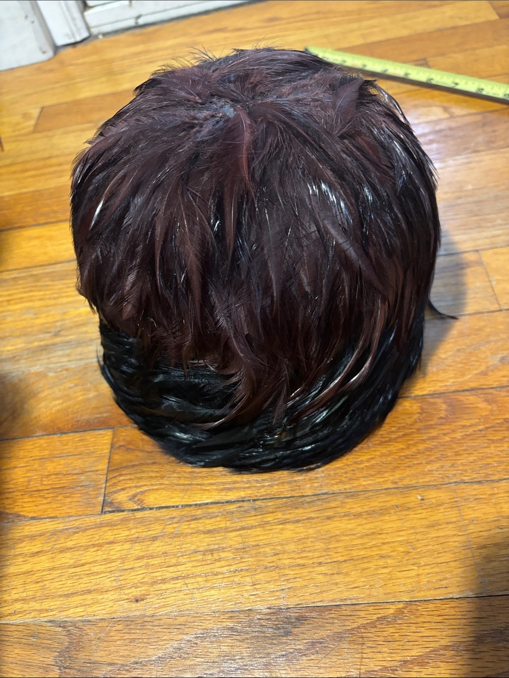 Eugenia Kim Sonia feathered cloche Hat in Burgundy with Black -new with defects